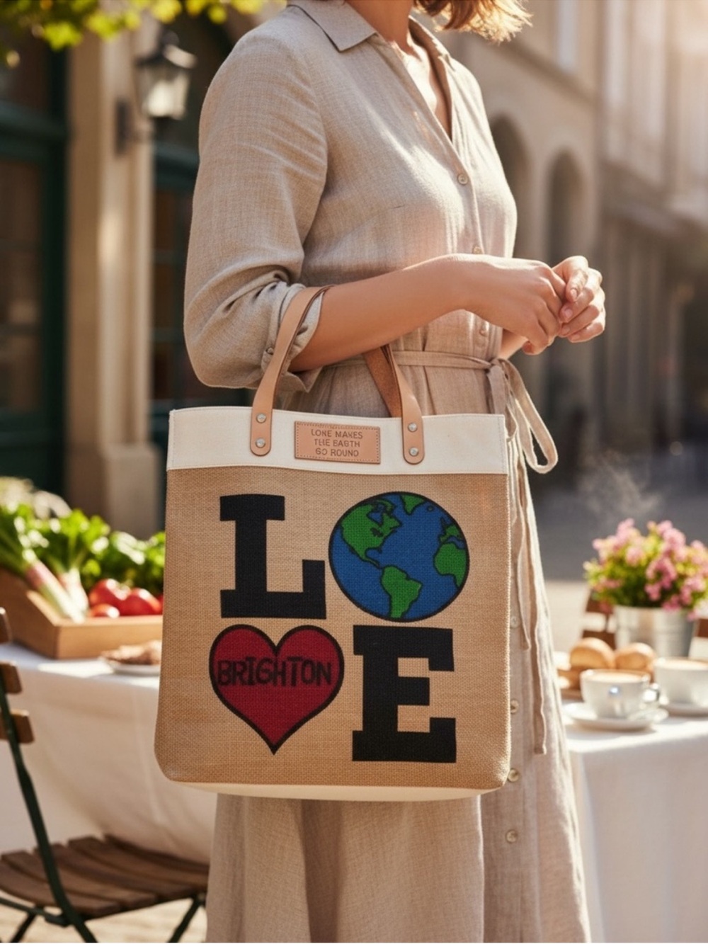 LOVE Brighton Canvas Jute Tote Bag with Leather Handles